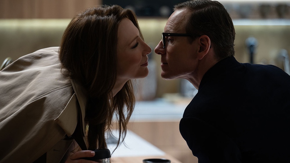 Cate Blanchett and Michael Fassbender about to kiss in the movie BLACK BAG. Photo courtesy of Focus Features.